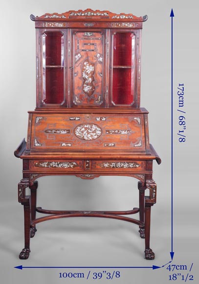 Bureau secrétaire japonisant à décor de papillons en marqueterie de nacre Bureau secrétaire japonisant à décor de papillons en marqueterie de nacre-14