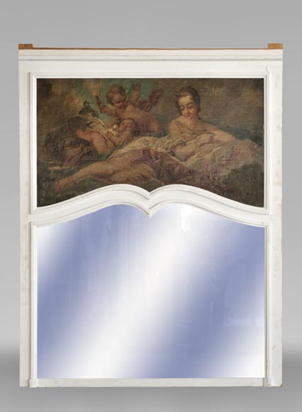 Beau trumeau ancien de style Louis XV avec huile sur toile représentant une femme et des putti Beau trumeau ancien de style Louis XV avec huile sur toile représentant une femme et des putti-0
