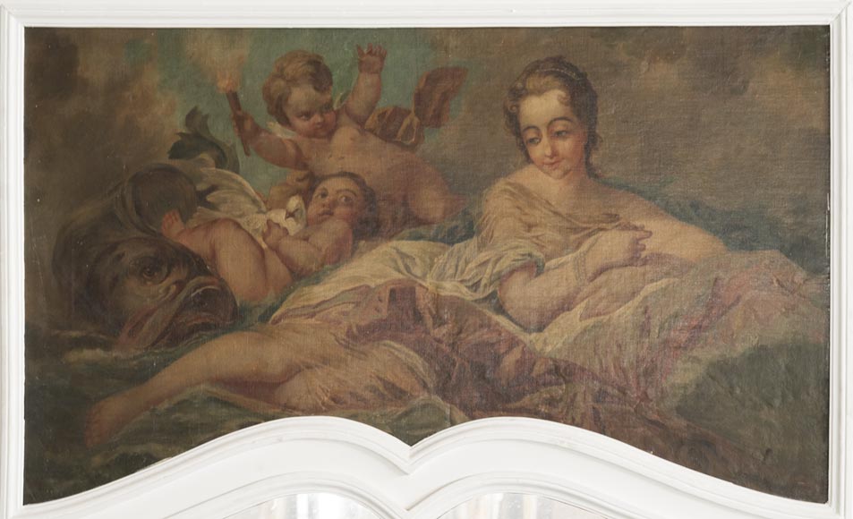 Beau trumeau ancien de style Louis XV avec huile sur toile représentant une femme et des putti Beau trumeau ancien de style Louis XV avec huile sur toile représentant une femme et des putti-1