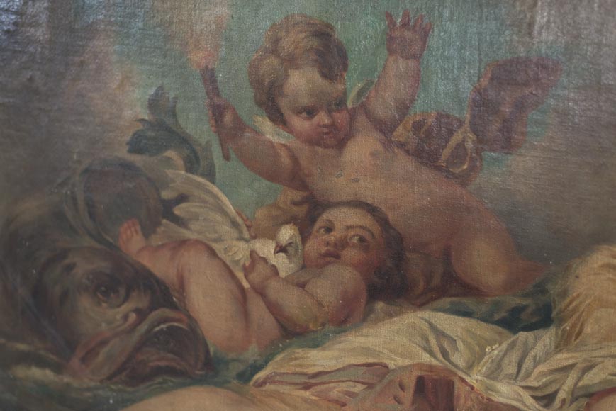 Beau trumeau ancien de style Louis XV avec huile sur toile représentant une femme et des putti Beau trumeau ancien de style Louis XV avec huile sur toile représentant une femme et des putti-2