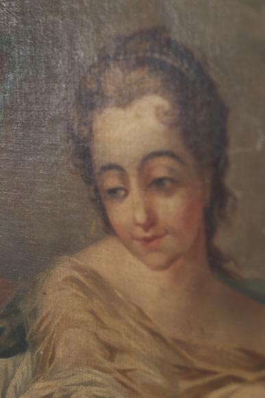 Beau trumeau ancien de style Louis XV avec huile sur toile représentant une femme et des putti Beau trumeau ancien de style Louis XV avec huile sur toile représentant une femme et des putti-3