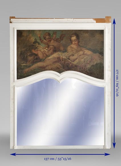 Beau trumeau ancien de style Louis XV avec huile sur toile représentant une femme et des putti Beau trumeau ancien de style Louis XV avec huile sur toile représentant une femme et des putti-6