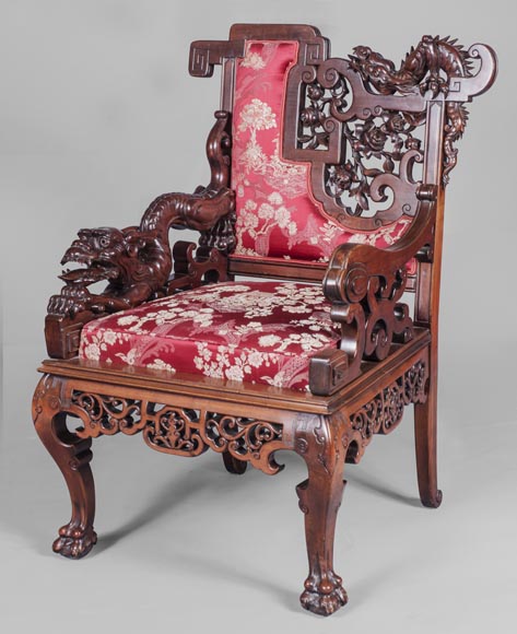 Cyrille RUFFIER DES AIMES (1844-1916) - Ensemble de deux chaises et un fauteuil d'inspiration extrême-orientale Cyrille RUFFIER DES AIMES (1844-1916) - Ensemble de deux chaises et un fauteuil d'inspiration extrême-orientale-1
