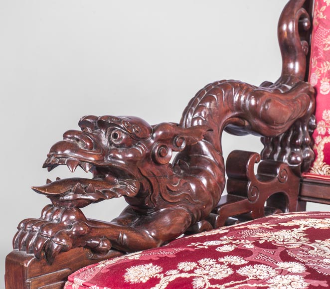 Cyrille RUFFIER DES AIMES (1844-1916) - Ensemble de deux chaises et un fauteuil d'inspiration extrême-orientale Cyrille RUFFIER DES AIMES (1844-1916) - Ensemble de deux chaises et un fauteuil d'inspiration extrême-orientale-2