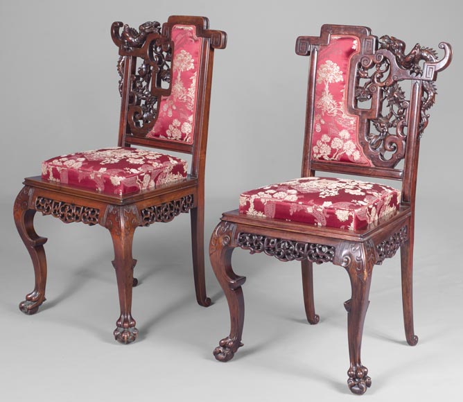 Cyrille RUFFIER DES AIMES (1844-1916) - Ensemble de deux chaises et un fauteuil d'inspiration extrême-orientale Cyrille RUFFIER DES AIMES (1844-1916) - Ensemble de deux chaises et un fauteuil d'inspiration extrême-orientale-16