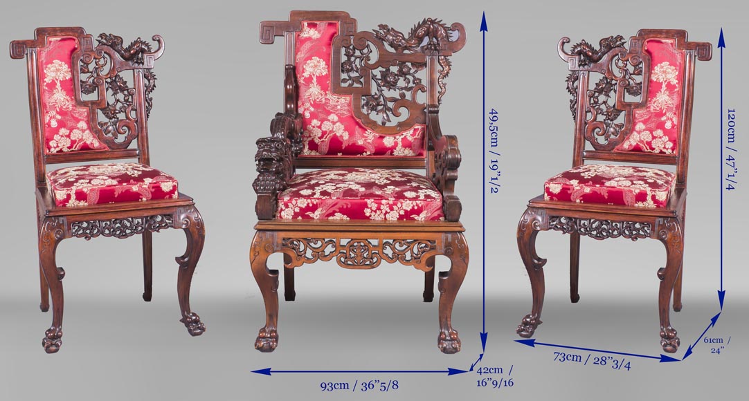 Cyrille RUFFIER DES AIMES (1844-1916) - Ensemble de deux chaises et un fauteuil d'inspiration extrême-orientale Cyrille RUFFIER DES AIMES (1844-1916) - Ensemble de deux chaises et un fauteuil d'inspiration extrême-orientale-29