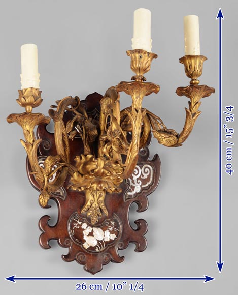 Applique japonisante en sycomore teinté, bronze doré et nacre Applique japonisante en sycomore teinté, bronze doré et nacre-7