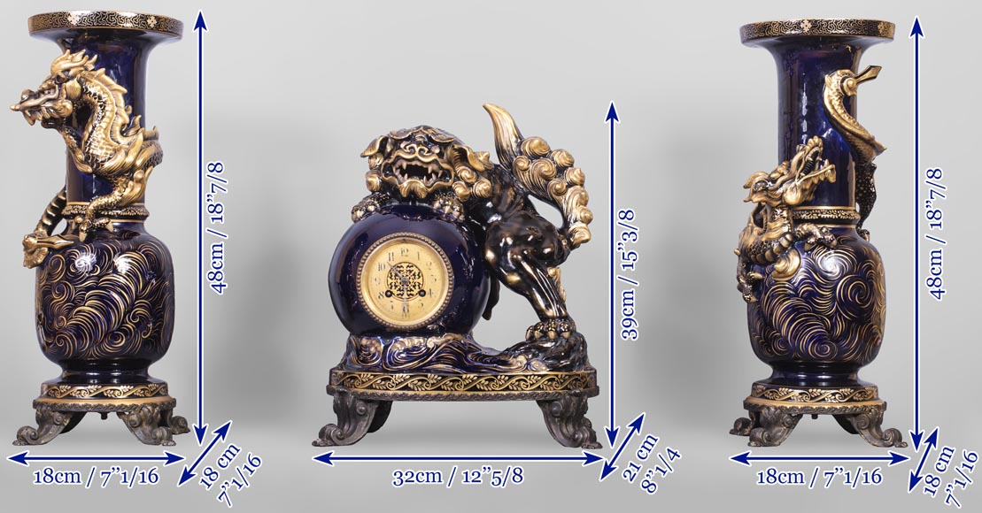 Garniture de cheminée japonisante au chien de Fô Garniture de cheminée japonisante au chien de Fô-14