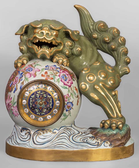 Pendule japonisante au chien de Fô Pendule japonisante au chien de Fô-0