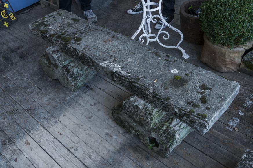 Banc de jardin en pierre composite, pieds en forme de bûches Banc de jardin en pierre composite, pieds en forme de bûches-3
