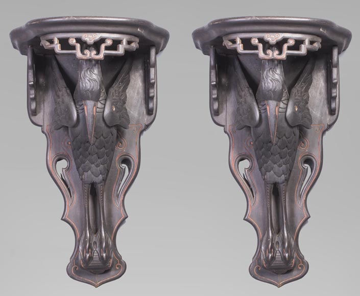 Maison des Bambous Alfred PERRET et Ernest VIBERT (attribué à) - Paire de consoles d'applique aux cigognes Maison des Bambous Alfred PERRET et Ernest VIBERT (attribué à) - Paire de consoles d'applique aux cigognes-0