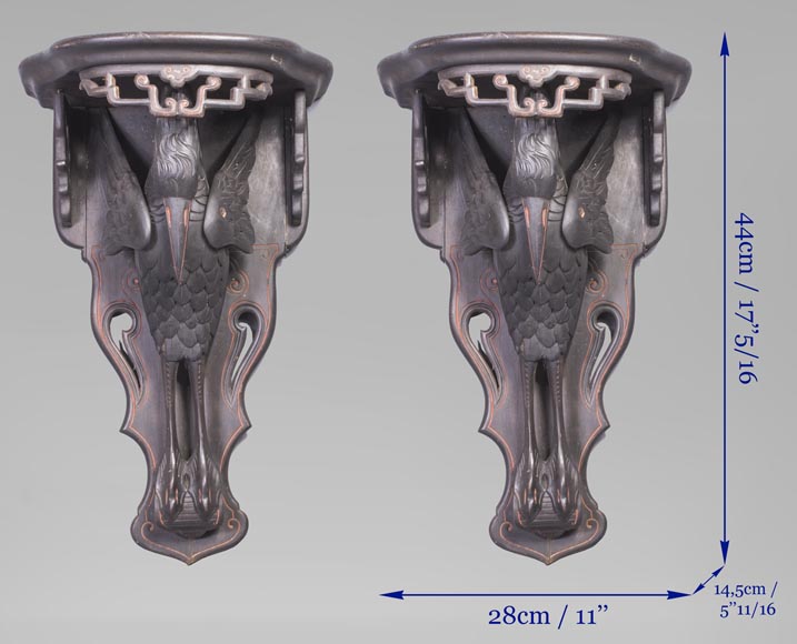 Maison des Bambous Alfred PERRET et Ernest VIBERT (attribué à) - Paire de consoles d'applique aux cigognes Maison des Bambous Alfred PERRET et Ernest VIBERT (attribué à) - Paire de consoles d'applique aux cigognes-5