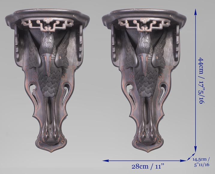 Maison des Bambous Alfred PERRET et Ernest VIBERT (attribué à) - Paire de consoles d'applique aux cigognes-5