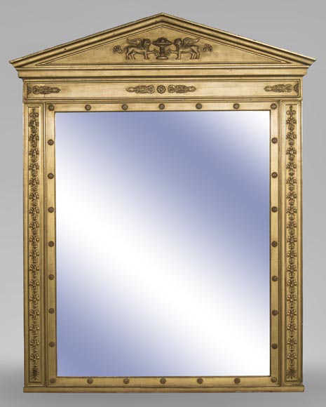 Trumeau ancien de style Empire, doré, fronton à décor de lions Trumeau ancien de style Empire, doré, fronton à décor de lions-0