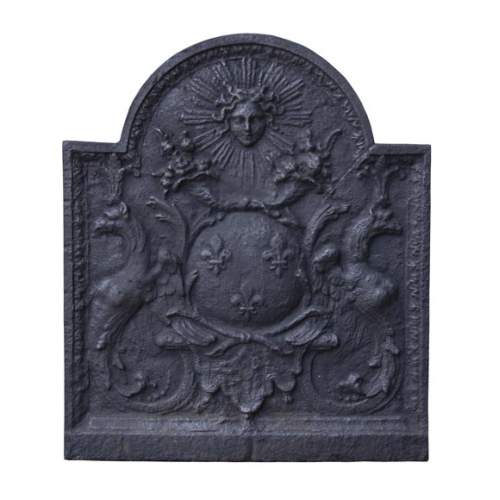 Plaque de cheminée moderne aux Armes de France et au Roi-Soleil