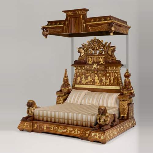 Louis MALARD, Chambre à coucher unique de style « rhamsésien » en noyer rehaussé de feuilles d’or, Exposition Universelle de 1889