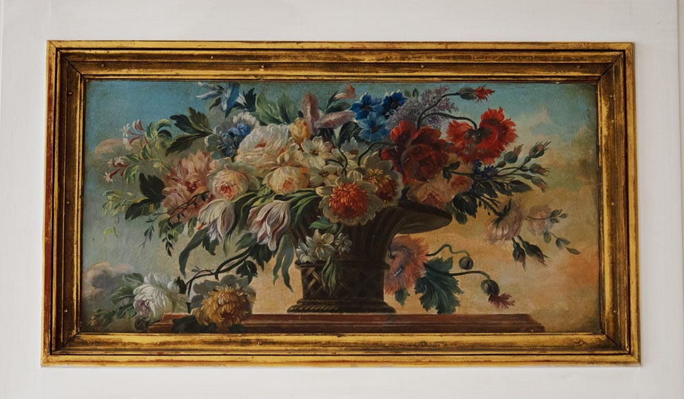 Trumeau ancien avec huile sur toile représentant un bouquet de fleurs Trumeau ancien avec huile sur toile représentant un bouquet de fleurs-1
