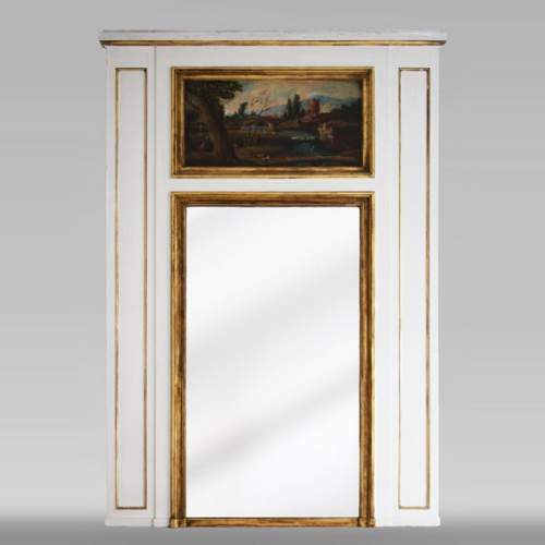 Trumeau ancien décoré d'une huile sur toile représentant un paysage animé