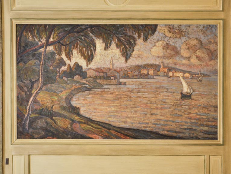 Belle pièce de boiserie de style Louis XVI avec sa cheminée en pierre et une huile sur toile représentant une marine Belle pièce de boiserie de style Louis XVI avec sa cheminée en pierre et une huile sur toile représentant une marine-22