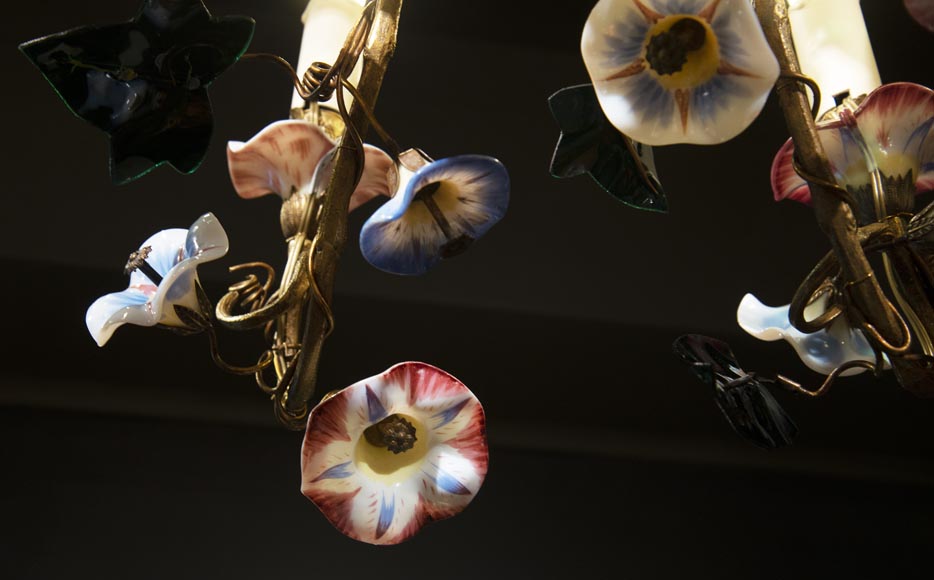 Lustre ancien au panier fleuri à huit lumières Lustre ancien au panier fleuri à huit lumières-9