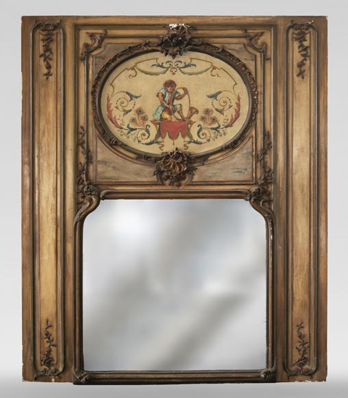 Trumeau orné d'une huile sur toile figurant un singe musicien Trumeau orné d'une huile sur toile figurant un singe musicien-0