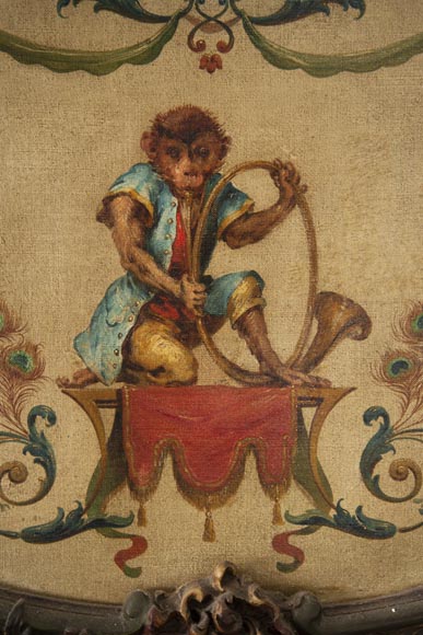 Trumeau orné d'une huile sur toile figurant un singe musicien Trumeau orné d'une huile sur toile figurant un singe musicien-2