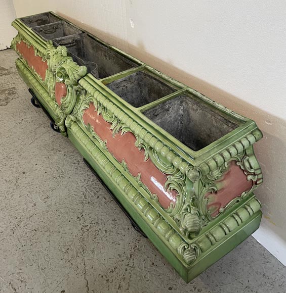 Grande jardinière en faïence rose et verte au décor végétal Grande jardinière en faïence rose et verte au décor végétal-4