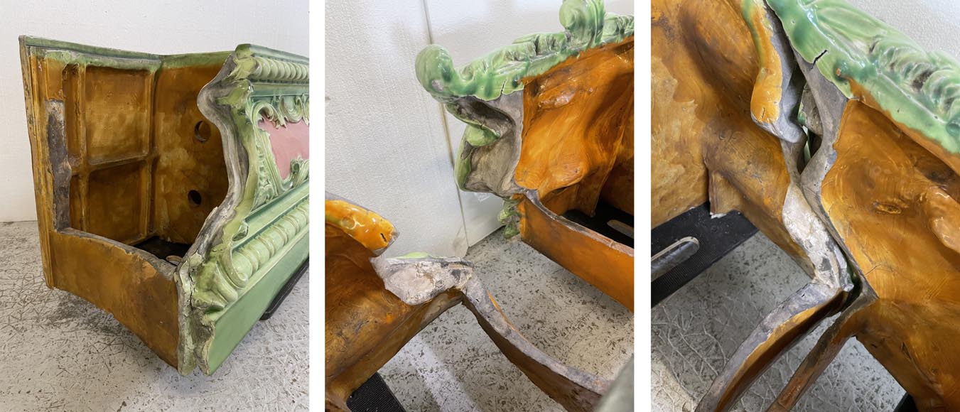 Grande jardinière en faïence rose et verte au décor végétal Grande jardinière en faïence rose et verte au décor végétal-6