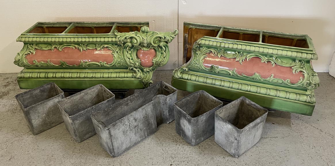 Grande jardinière en faïence rose et verte au décor végétal Grande jardinière en faïence rose et verte au décor végétal-7