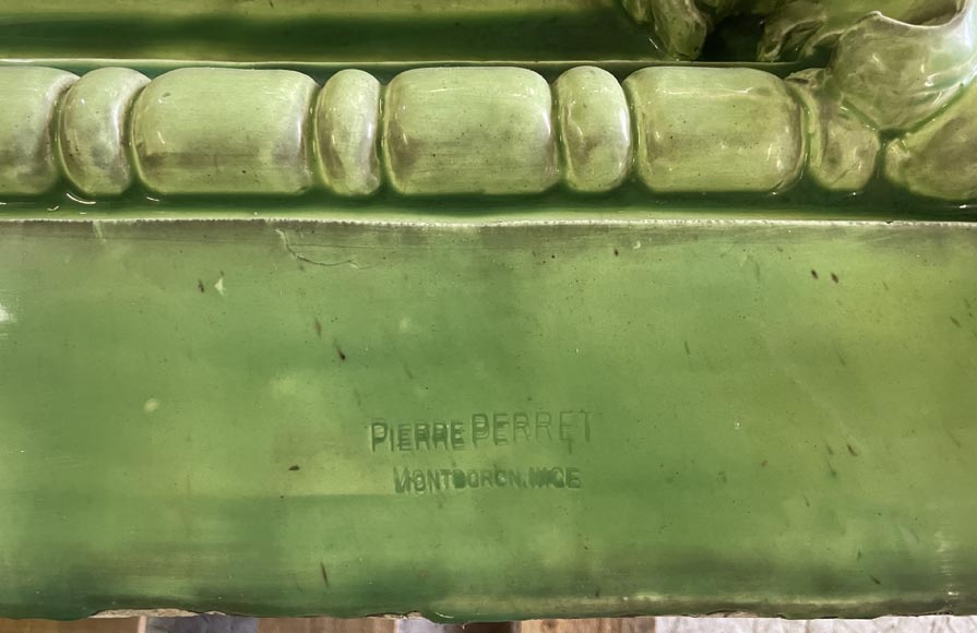 Grande jardinière en faïence rose et verte au décor végétal Grande jardinière en faïence rose et verte au décor végétal-11