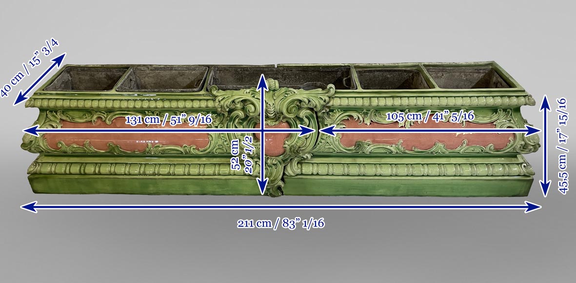 Grande jardinière en faïence rose et verte au décor végétal Grande jardinière en faïence rose et verte au décor végétal-12