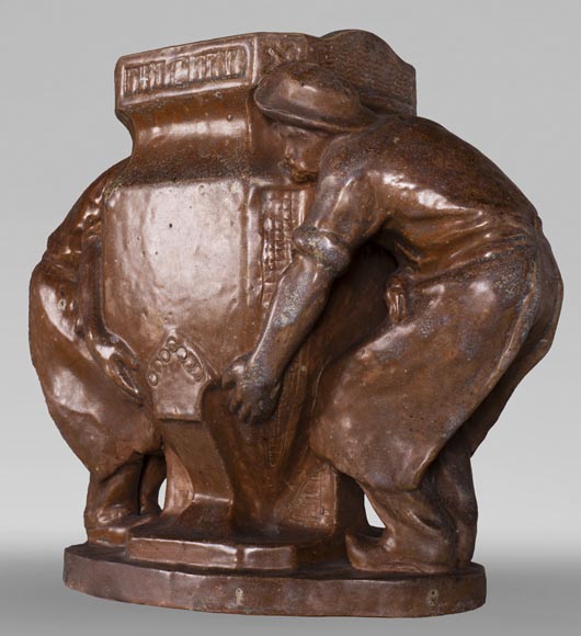 Charles GREBER (1820-1898) - Vase aux jardiniers en grès émaillé Charles GREBER (1820-1898) - Vase aux jardiniers en grès émaillé-2