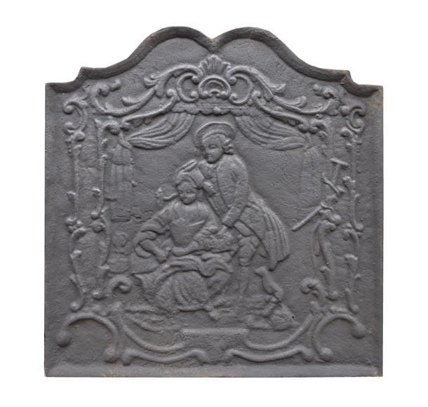 Plaque de cheminée en fonte au couple de nobles, XXe siècle Plaque de cheminée en fonte au couple de nobles, XXe siècle-0