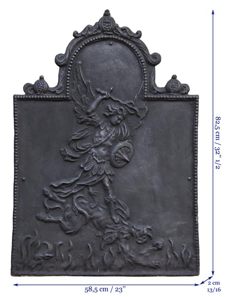 Plaque de cheminée ancienne à décor de Saint-Michel terrassant le dragon Plaque de cheminée ancienne à décor de Saint-Michel terrassant le dragon-6