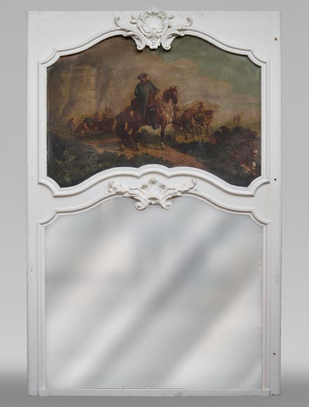 Trumeau ancien de style Louis XV avec une huile sur panneau représentant une scène de marchands à cheval Trumeau ancien de style Louis XV avec une huile sur panneau représentant une scène de marchands à cheval-0