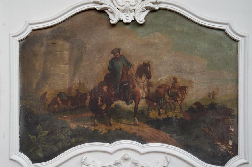 Trumeau ancien de style Louis XV avec une huile sur panneau représentant une scène de marchands à cheval Trumeau ancien de style Louis XV avec une huile sur panneau représentant une scène de marchands à cheval-2