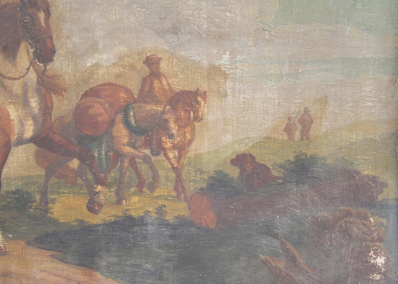 Trumeau ancien de style Louis XV avec une huile sur panneau représentant une scène de marchands à cheval Trumeau ancien de style Louis XV avec une huile sur panneau représentant une scène de marchands à cheval-3