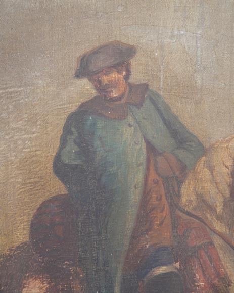 Trumeau ancien de style Louis XV avec une huile sur panneau représentant une scène de marchands à cheval Trumeau ancien de style Louis XV avec une huile sur panneau représentant une scène de marchands à cheval-4