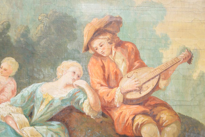 Trumeau ancien de style Louis XVI avec une huile sur toile à décor de scène galante Trumeau ancien de style Louis XVI avec une huile sur toile à décor de scène galante-2