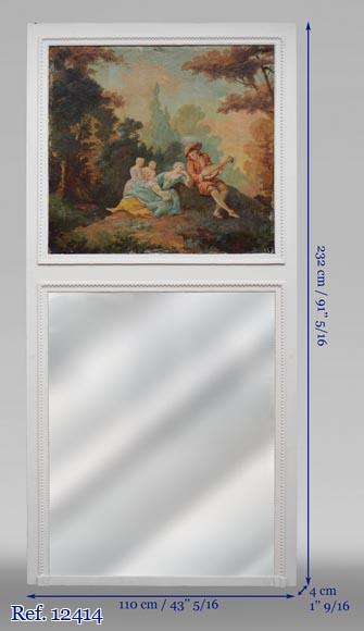 Trumeau ancien de style Louis XVI avec une huile sur toile à décor de scène galante Trumeau ancien de style Louis XVI avec une huile sur toile à décor de scène galante-7