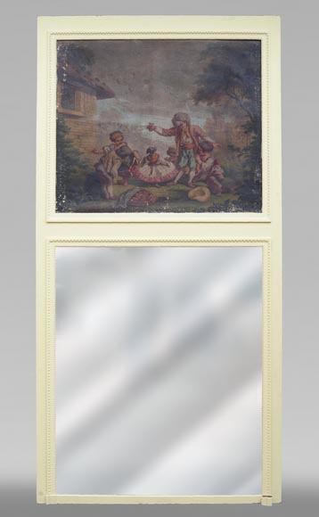 Trumeau ancien avec une huile sur toile représentant une scène d'enfants s'amusant avec un chien Trumeau ancien avec une huile sur toile représentant une scène d'enfants s'amusant avec un chien-0