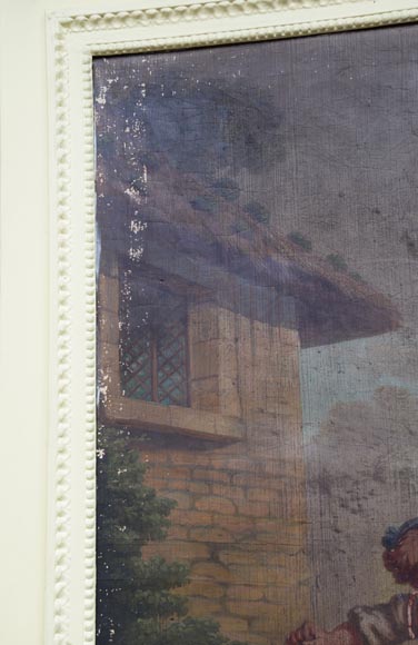 Trumeau ancien avec une huile sur toile représentant une scène d'enfants s'amusant avec un chien Trumeau ancien avec une huile sur toile représentant une scène d'enfants s'amusant avec un chien-2