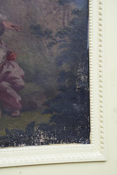 Trumeau ancien avec une huile sur toile représentant une scène d'enfants s'amusant avec un chien Trumeau ancien avec une huile sur toile représentant une scène d'enfants s'amusant avec un chien-3