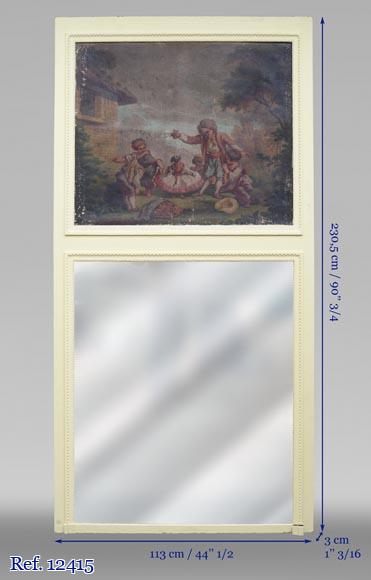 Trumeau ancien avec une huile sur toile représentant une scène d'enfants s'amusant avec un chien Trumeau ancien avec une huile sur toile représentant une scène d'enfants s'amusant avec un chien-6