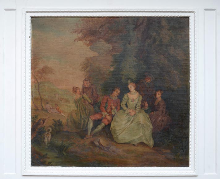 Trumeau ancien peint orné d'une huile sur toile représentant une scène galante Trumeau ancien peint orné d'une huile sur toile représentant une scène galante-1
