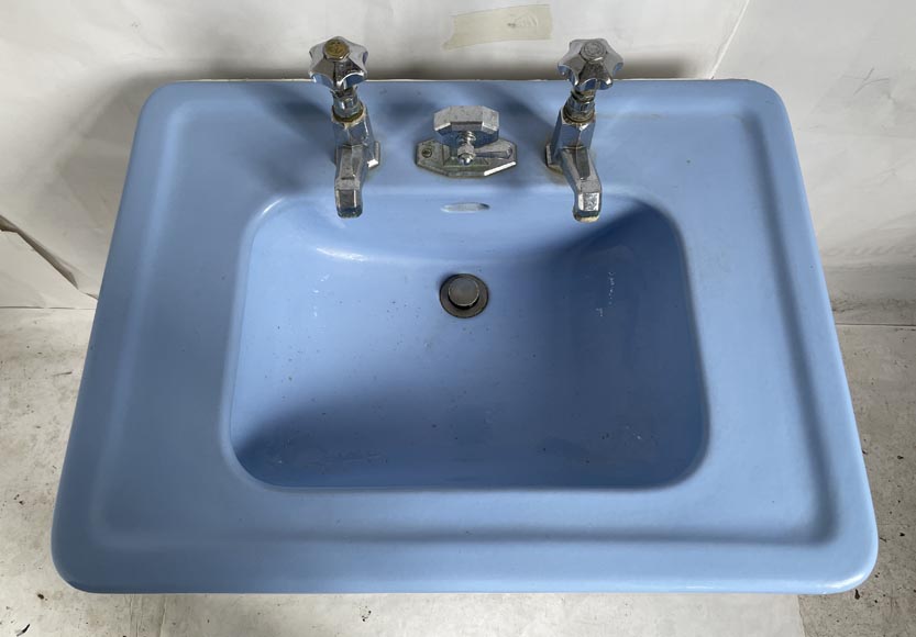 Lavabo bleu en faïence sur pied, années 50 Lavabo bleu en faïence sur pied, années 50-3