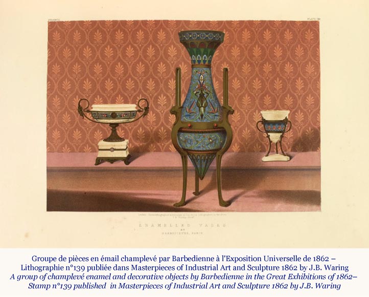 Louis-Constant SÉVIN (1821-1888) et Ferdinand BARBEDIENNE (1810-1892), Exceptionnelle paire de vases d'ornement en bronze et émail, modèle présenté à l'Exposition Universelle de Londres en 1862 Louis-Constant SÉVIN (1821-1888) et Ferdinand BARBEDIENNE (1810-1892), Exceptionnelle paire de vases d'ornement en bronze et émail, modèle présenté à l'Exposition Universelle de Londres en 1862-2