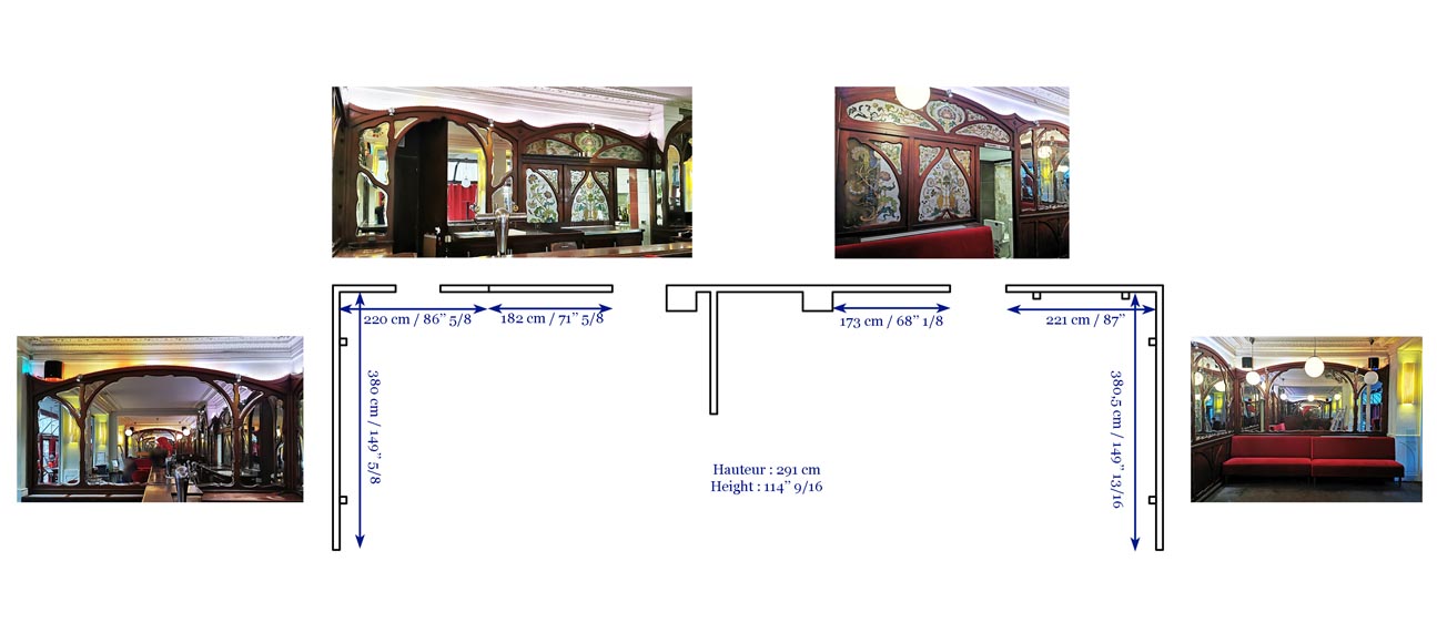 Boiserie Art Nouveau en acajou provenant du café Barjot à Paris, 1905 Boiserie Art Nouveau en acajou provenant du café Barjot à Paris, 1905-14