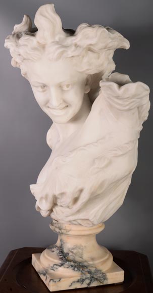 Guglielmo PUGI (1850 - 1915), Buste en marbre blanc de Carrare « Le Génie de la danse » d'après la sculpture de Jean-Baptiste CARPEAUX, vers 1900 Guglielmo PUGI (1850 - 1915), Buste en marbre blanc de Carrare « Le Génie de la danse » d'après la sculpture de Jean-Baptiste CARPEAUX, vers 1900-5