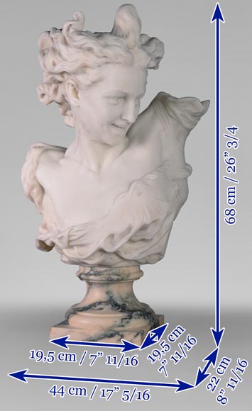 Guglielmo PUGI (1850 - 1915), Buste en marbre blanc de Carrare « Le Génie de la danse » d'après la sculpture de Jean-Baptiste CARPEAUX, vers 1900 Guglielmo PUGI (1850 - 1915), Buste en marbre blanc de Carrare « Le Génie de la danse » d'après la sculpture de Jean-Baptiste CARPEAUX, vers 1900-9